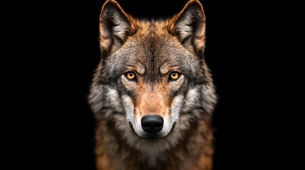 Fototapeta premium A striking close-up of a wolf's face, showcasing its piercing eyes and intricate fur details against a dark background.
