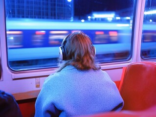 Woman Train Night Journey City Lights Travel