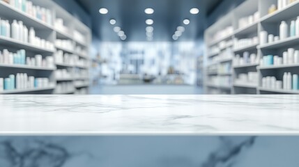 Fototapeta premium White marble countertop in a pharmacy or beauty store with blurred product shelves in the background