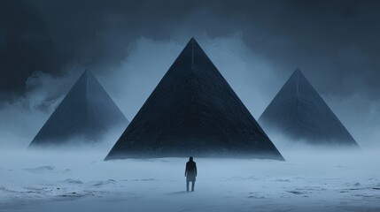 A mysterious figure stands before three towering pyramids, shrouded in mist and darkness, evoking a sense of intrigue and ancient wonder.