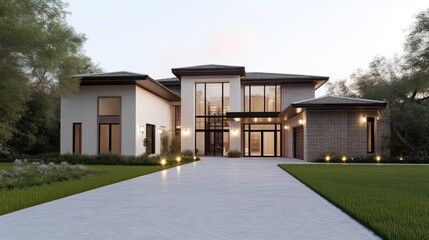 Modern luxury home exterior, elegant design, spacious driveway, landscaped yard