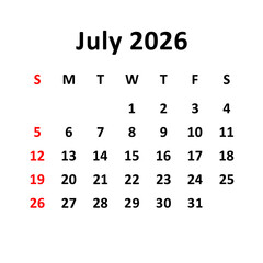 july 2026. Calendar with holydays or red dates. monthly calendar design with week starts on sunday. printable, simple, and clean vector design isolated on white background.