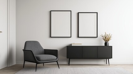 A minimalist living space featuring a gray chair, a black sideboard, and empty frames on a white wall, complemented by a vase of flowers.