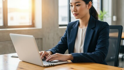 Asian woman working intently on laptop in contemporary office setting Focused expression in bright, natural lighting Themes include productivity and business