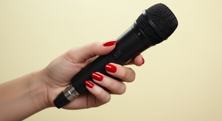 Woman s Hand Holding Wireless Microphone  Red Nails