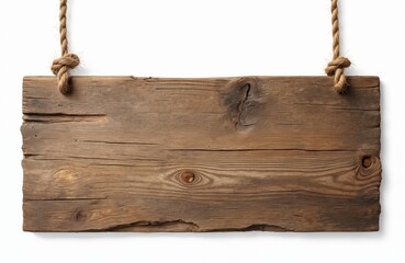 Rustic blank wooden sign hangs on rope. Empty timber board with natural woodgrain texture for custom message, art. Farmhouse plank surface for signage, announcements, ads decorations. Template with