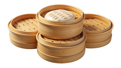 Stacked Bamboo Steamers on White Background