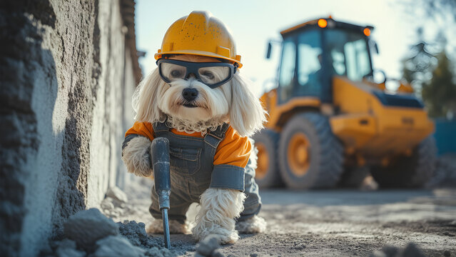 dog builder at a construction site with a jackhammer