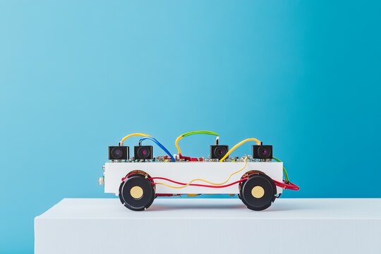 The arduino platform is the foundation for a handmade robot, presented on a white background with room for text, illustrating the principles of STEM education for young learners, including robotics,