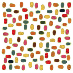 A colorful pattern of various textured oval shapes in vibrant hues, scattered across a white background, the bold colors and geometric shapes give the pattern a modern and stylish feel.