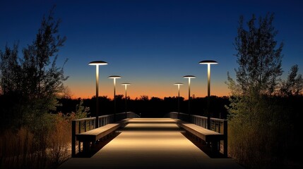 Illuminated pathway through nature under a colorful evening sky