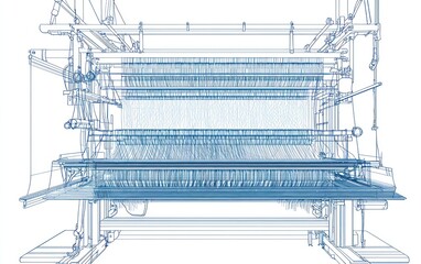 Modern ultra-HD line drawing a weaving loom, with dynamic patterns forming threads and woven designs