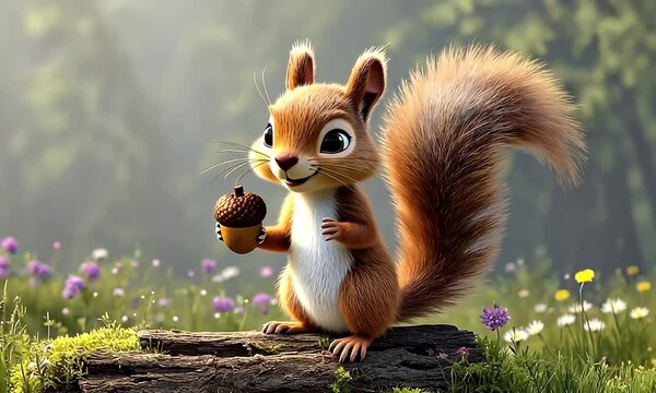 A cute, cartoonish squirrel with big eyes sits on a log, holding a hazelnut.
