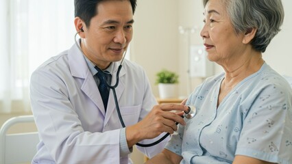 Asian male doctor examines elderly Asian woman with stethoscope in healthcare setting Compassionate interaction highlights senior health