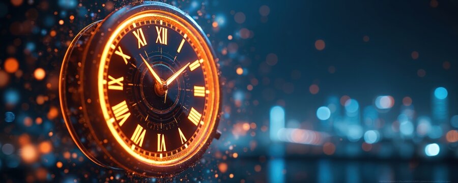 Digital clock with roman numerals glows on blurred bokeh city background. Time management concept. Business planning, productivity, urgency, deadline. Efficiency scheduling strategy. Fast workflow
