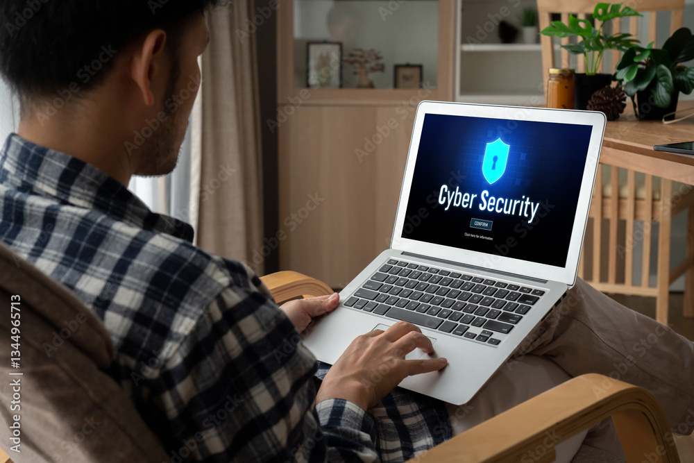 Poster cyber security system on computer screen protect private information snugly from hacker and cyber at