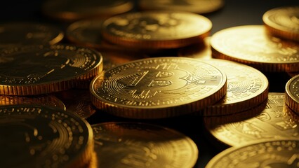Close up of Bitcoin gold coins highlighting cryptocurrency market Represents digital currency investment and modern economic concepts