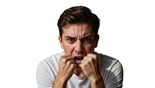 Frightened young man clenching fists in intense expression, emotional turmoil