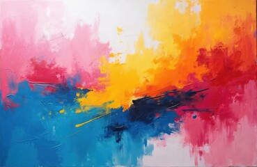 Abstract oil painting with colorful brushstrokes on canvas. Modern artwork features vibrant paint strokes in pink, yellow, blue, red, orange. Creative design background with mixed colors,