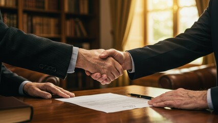 Caucasian middle aged man shakes hands with older man in office Captures agreement signing in warm lighting emphasizing trust, partnership, professionalism