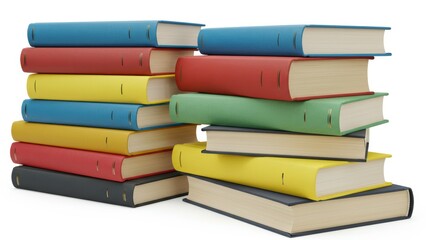 Stacked colorful hardcover books with red, blue, yellow, green, and black spines Represents education, reading, knowledge, and self improvement