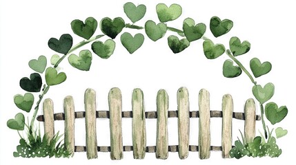  Watercolor portrait of a wooden fence featuring green hearts atop and lush grass below