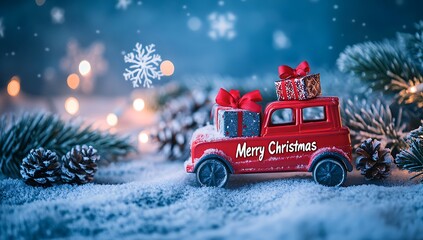 A red toy car carrying Christmas gifts with the words Merry Christmas