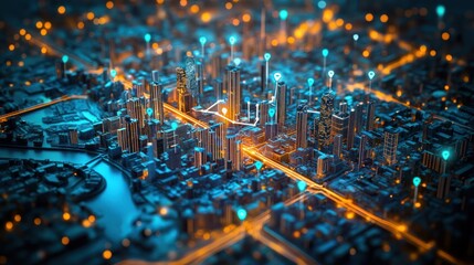 Abstract city map at night, showing connections, for use in tech background images