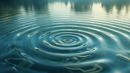 Ripples expand on water's surface; trees are reflected faintly in the distant background