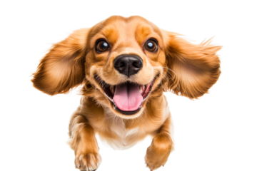 Happy dog jumping with joy in a playful mood on a bright day