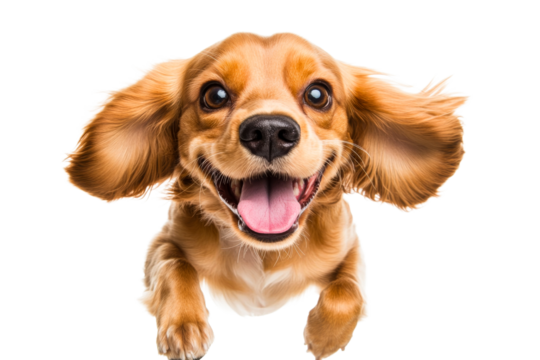 Happy dog jumping with joy in a playful mood on a bright day