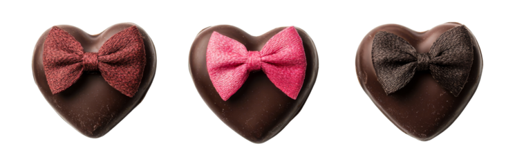 Heart shaped chocolates with colorful bows on transparent background