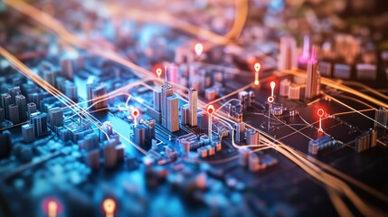 Futuristic city map, network connections, urban planning, informational graphic