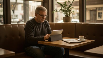 Senior Caucasian man using tablet at wooden table in coffee shop Relaxed urban setting with coffee and newspaper captures modern lifestyle and technology