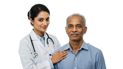 Fototapeta premium Indian doctor smiles with senior man in healthcare setting Trust and support in clinical environment Focus on wellness and positive interaction