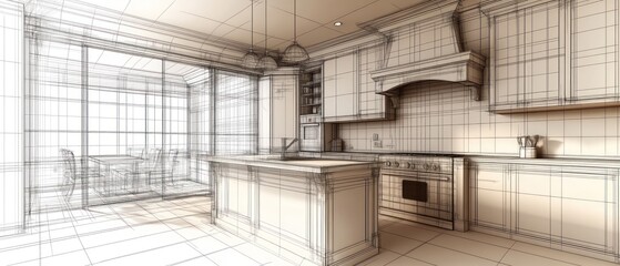 A detailed wireframe rendering showing the kitchen interior design