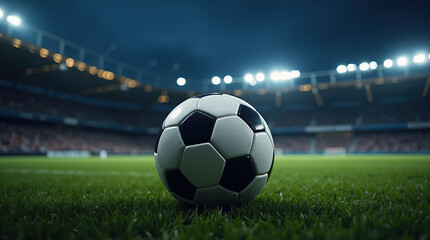 A soccer ball on the field at night, the stadium lights casting a powerful glow, setting the stage for an exciting game.