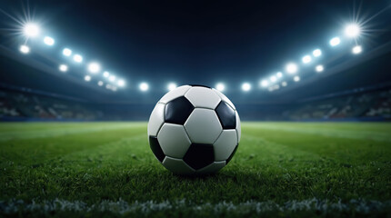The soccer ball rests on the field, glowing under the bright stadium lights, as the night game intensifies.