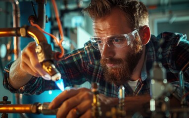 A plumber installs a new water heater in a modern home. He connects copper pipes using a soldering torch to weld the joints.