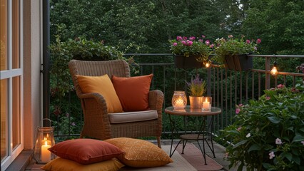 Cozy outdoor balcony setting features comfortable seating, decorated with pillows, candles, and plants, creating a peaceful atmosphere for relaxation and social gatherings