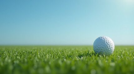 Fototapeta premium The golf ball rests on the green, ready for a swing, under a bright, blue sky.
