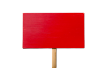Bright red sign with wooden handle on transparent background