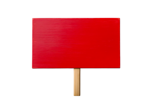 Bright red sign with wooden handle on transparent background