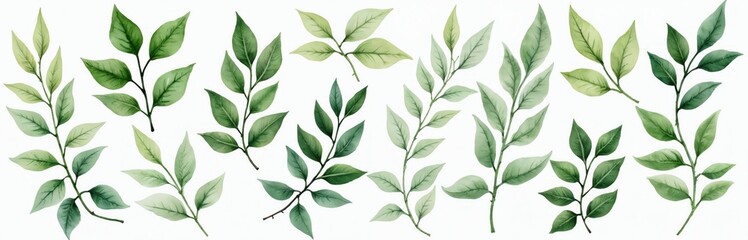 Watercolor illustration of leaves, branches on white background. Green leaf elegant hand drawn for wedding invitations, greeting cards, gift tags. Botanical spring plant art decoration graphic