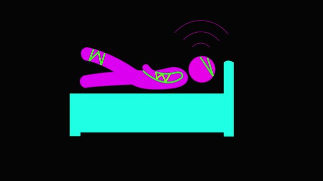 Glowing neon injured man hospitalized Bed icon. Animation on black background.4k video