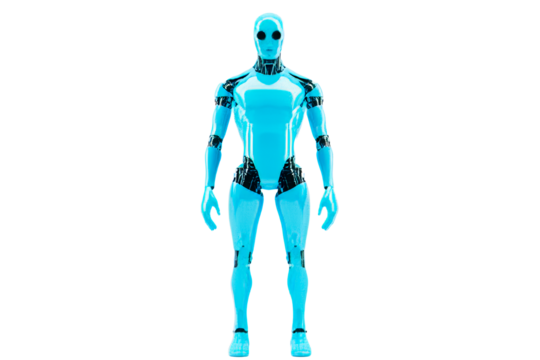Futuristic blue humanoid robot standing on transparent background