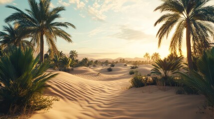 Oasis sunset, sand dunes, palm trees, desert landscape, travel background