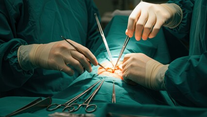 Surgeons performing a surgical procedure in an operating room using precise medical instruments Teamwork essential for patient care and safety