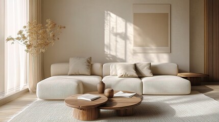 Cozy Beige Japandi Living Room with Warm Wood Accents