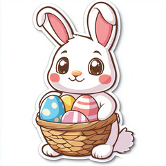 Cute Easter Bunny with Basket of Eggs, Holiday Illustration